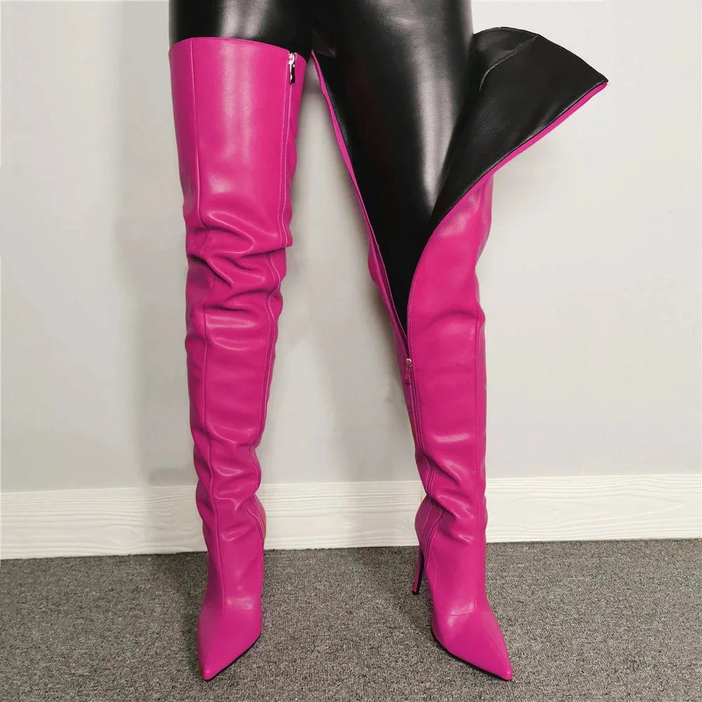 Solid Color Over-the-Knee Pointed Toe Stiletto Zipper Boots