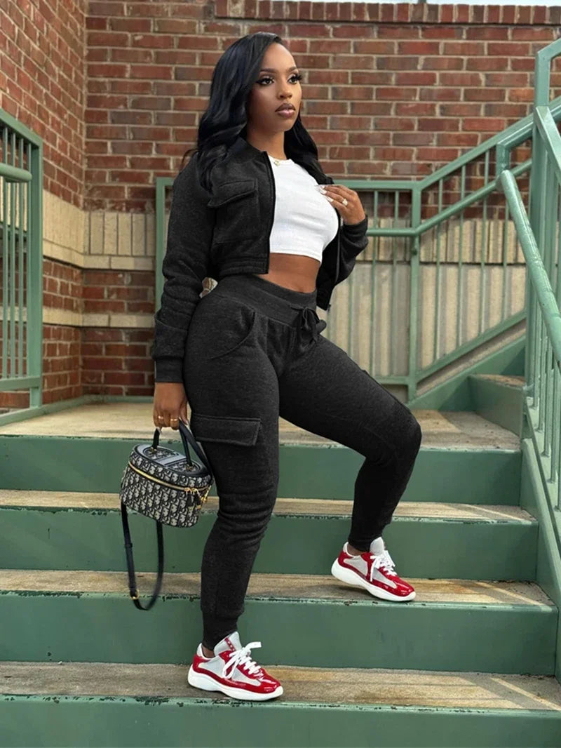 Streetwear Women's Solid Cropped Zipper Jacket + Drawstring Cargo Sweatpants Tracksuit