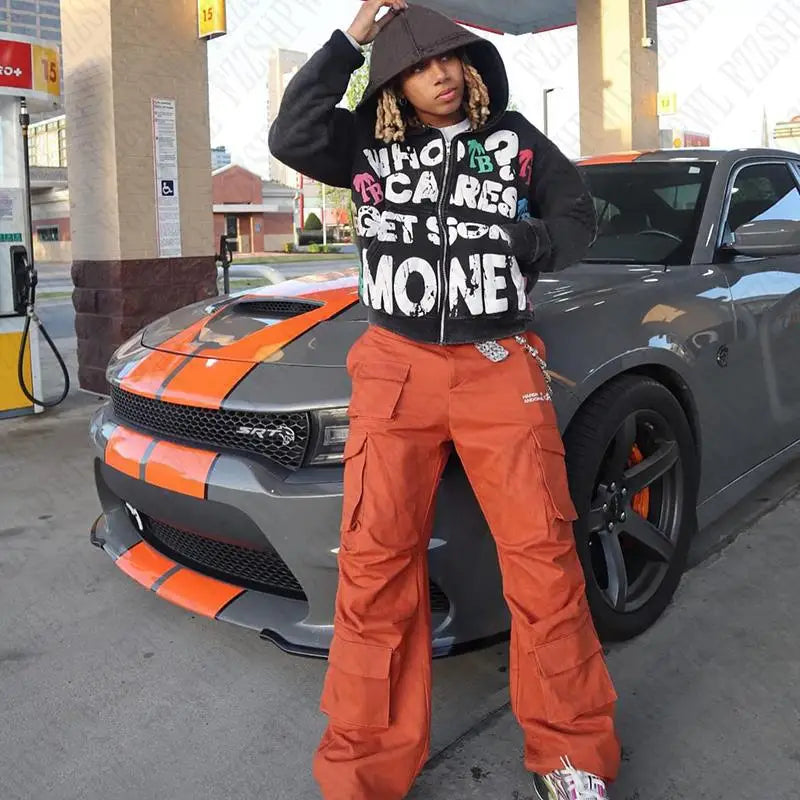 Retro "Who Cares Get Some Money" 3D Letter Print Graphic Streetwear Zipper Hoodie Sweatshirt