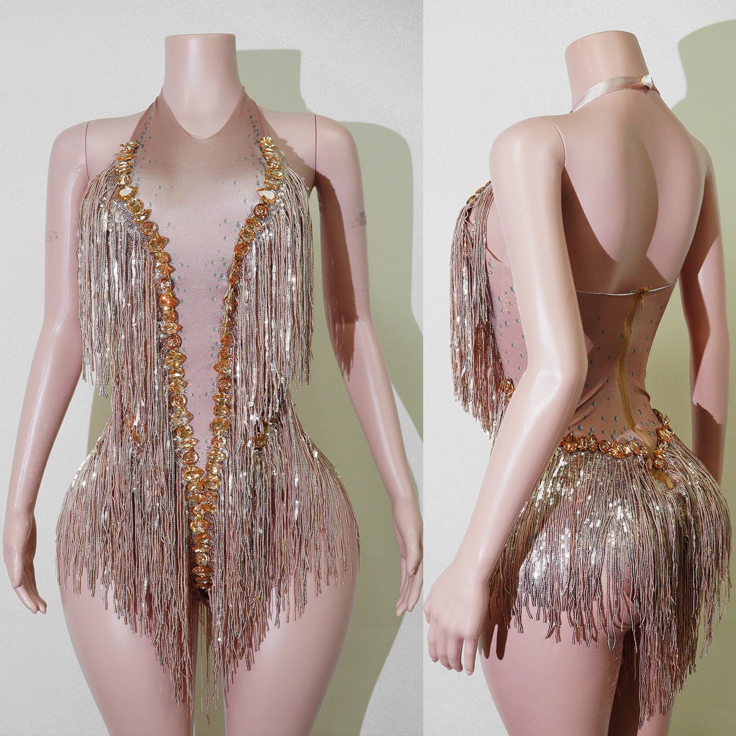 Tassel Fringe Design Sleeveless Zipper Back Sparkling Rhinestone Women's Formal Stage Dance Bodysuit