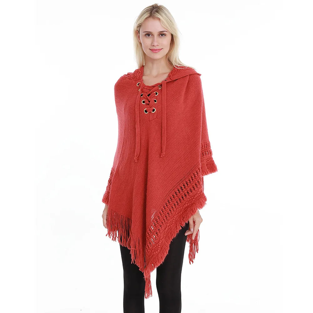 Fringe Tassel Women's Knitted Hooded Crochet Shawl Wrap Sweater