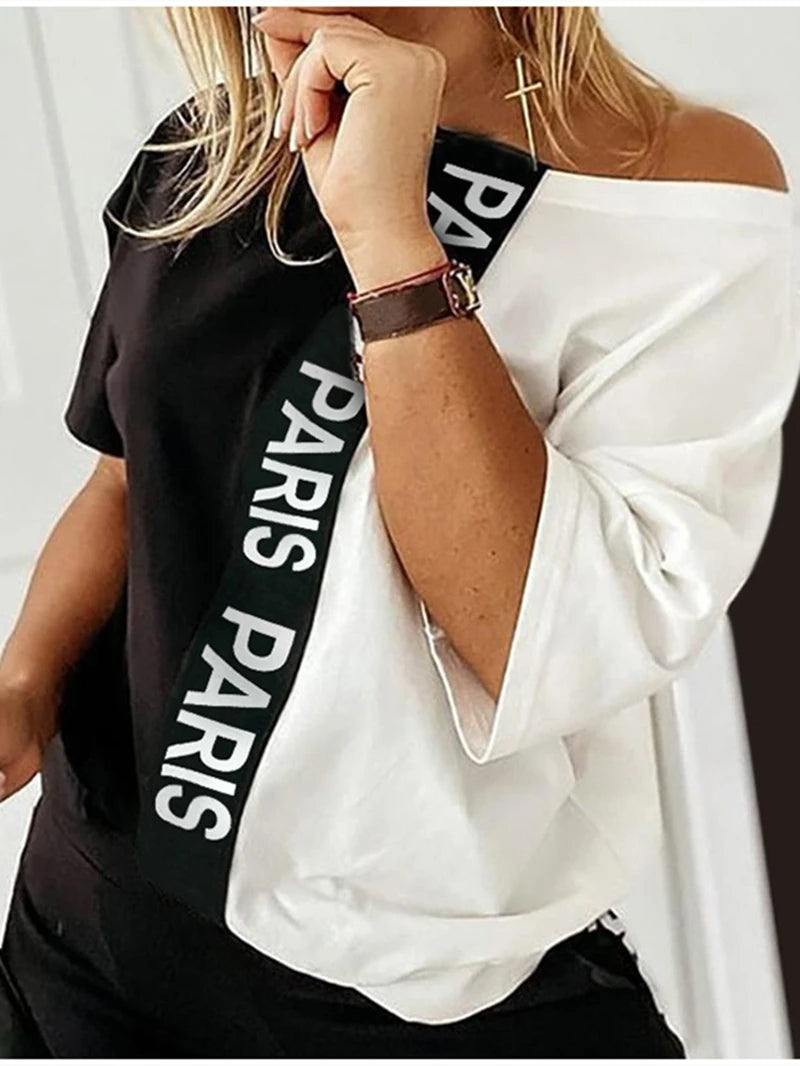 "PARIS" Off Shoulder Letter Print Colorblock T-Shirt + Sweatpants 2-Piece Set