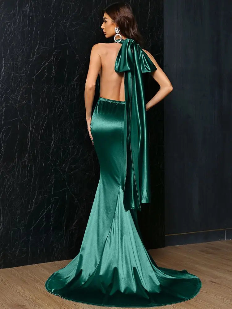 Satin Deep V-Neck Halter Bowknot Backless Maxi Evening Prom/Party Mermaid Formal Evening Gown Floor-Length Dress