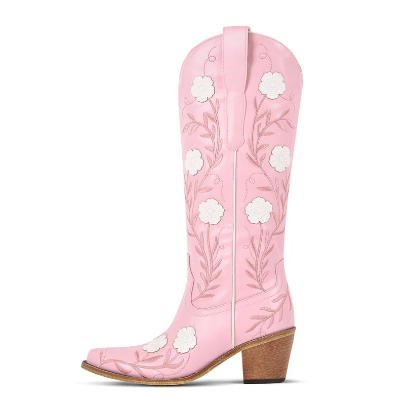 Western Flower Embroidered Women's Pointed Toe Side Zipper Chunky Heel Cowgirl Boots