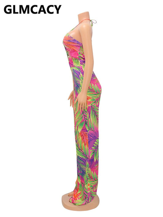 Tropical Hawaiian Print Hollow-Out Halter Printed Beach Jumpsuit