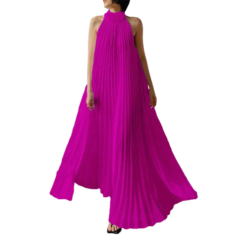 Sleeveless Halter Neck Pleated Party Loose A-Line Maxi Dress