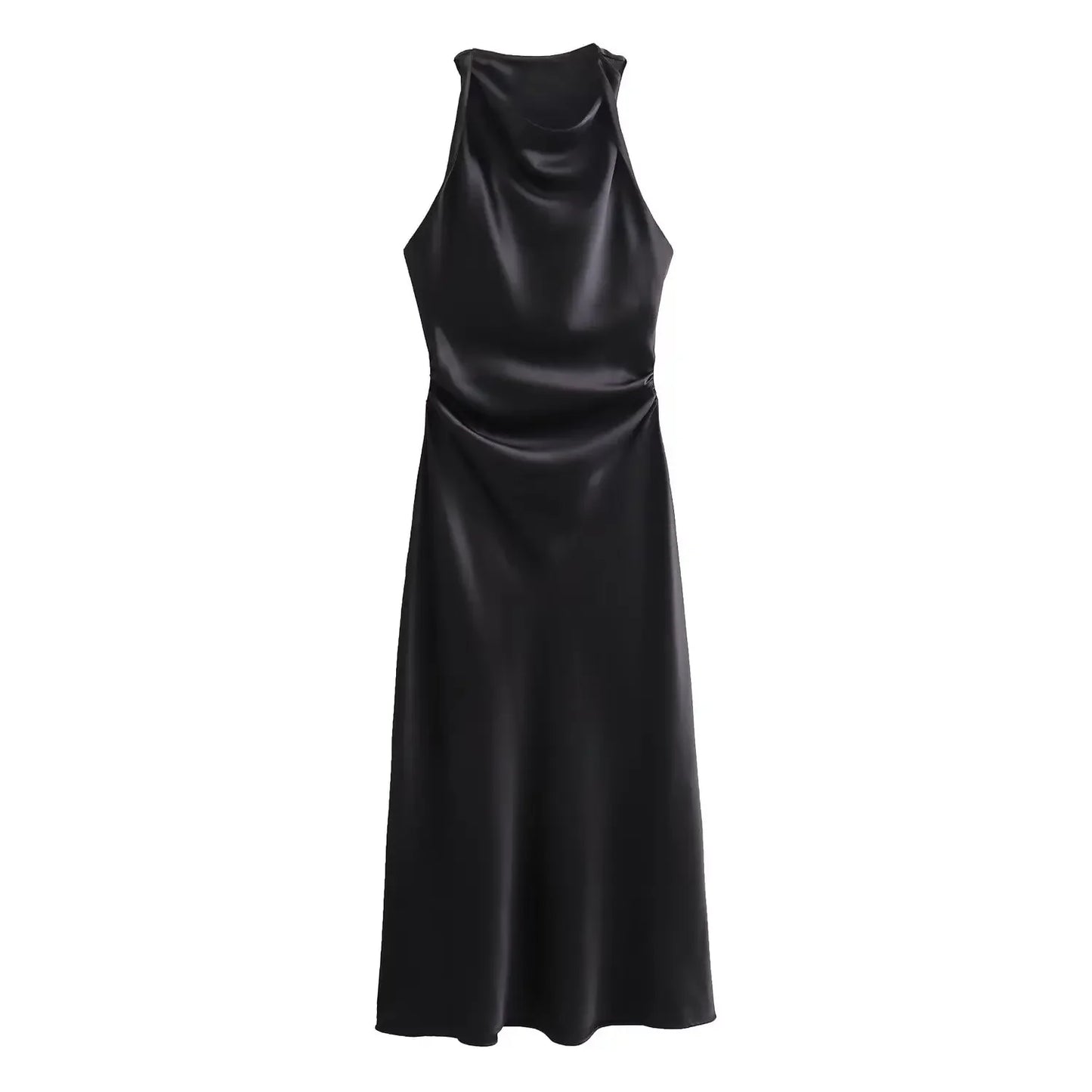 Satin Ruched Pleated Solid Color Sleeveless O-Neck Long Dress