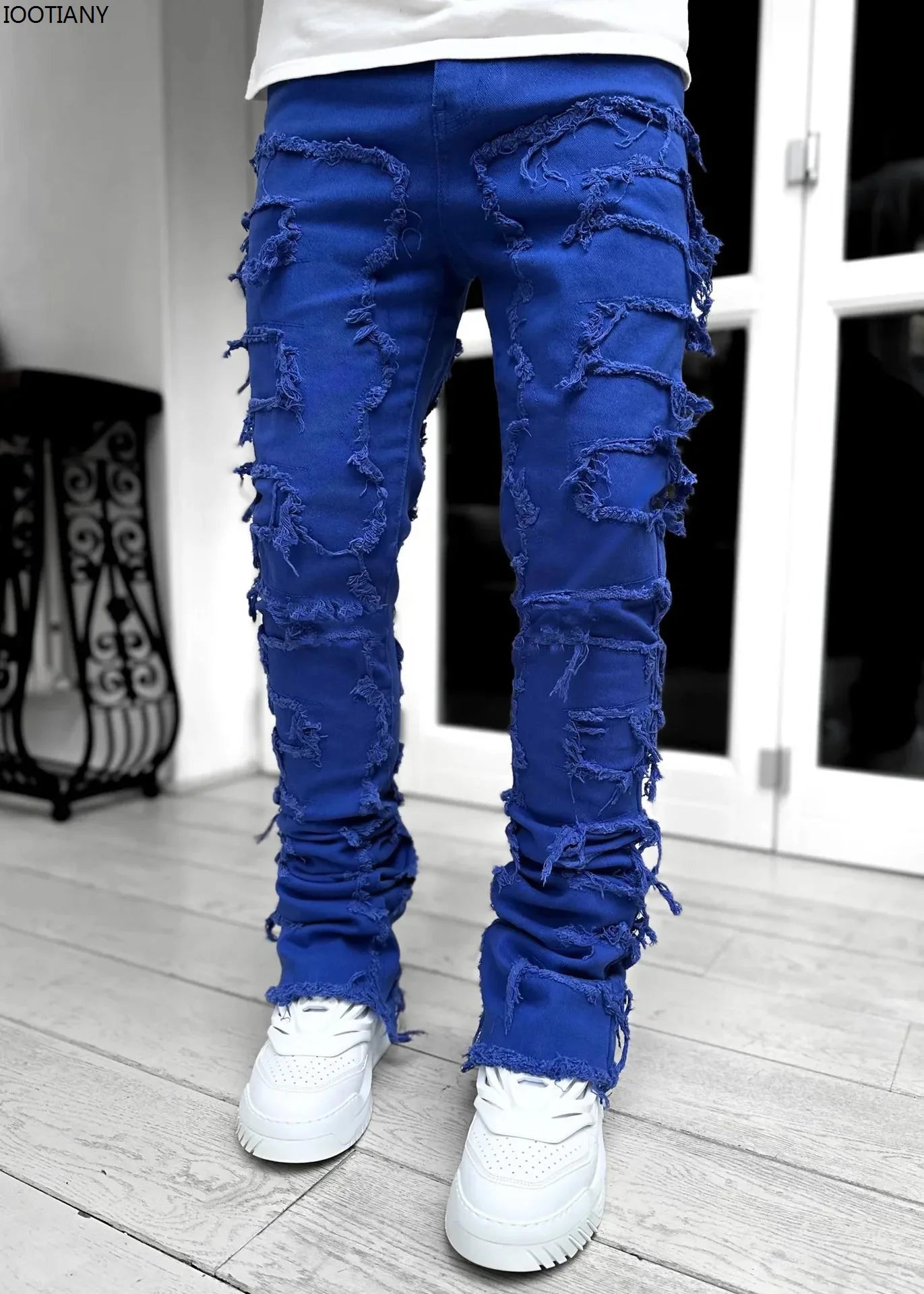 Men's Denim Fringe Ripped Hip-Hop Stretch Stacked Elastic Waist Straight Patchwork Jeans