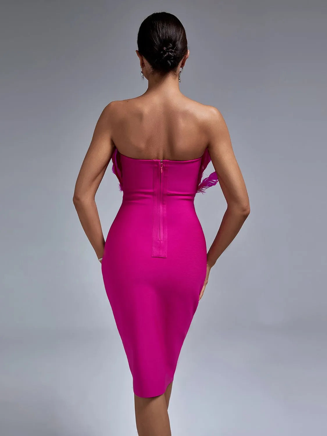 Feather Bandage Bodycon Midi Strapless Evening Dress