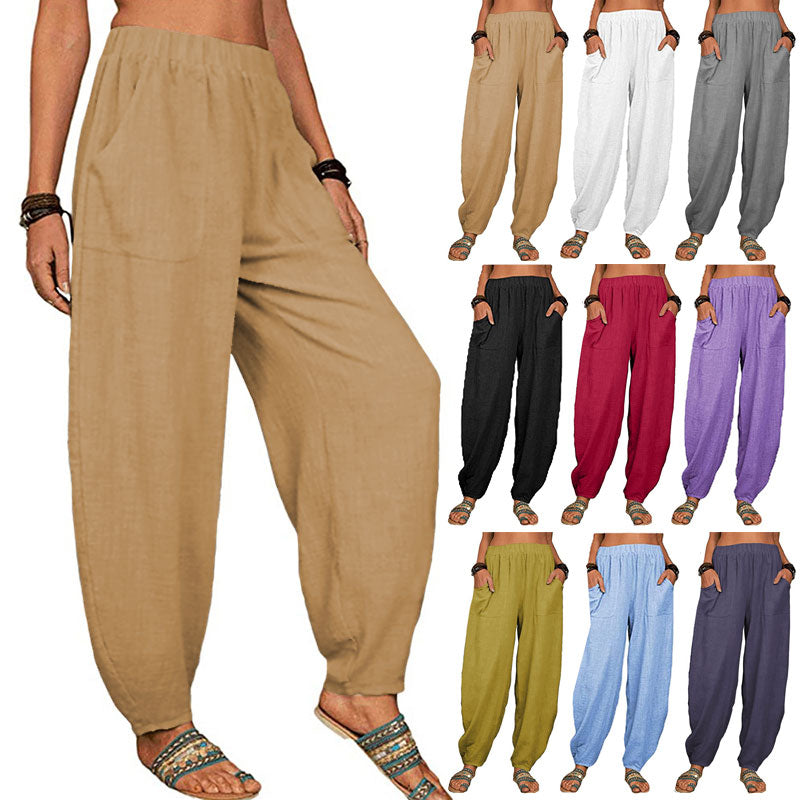 Solid Vintage Ladies Cotton Linen Elastic Waist Wide Leg Harem Pants