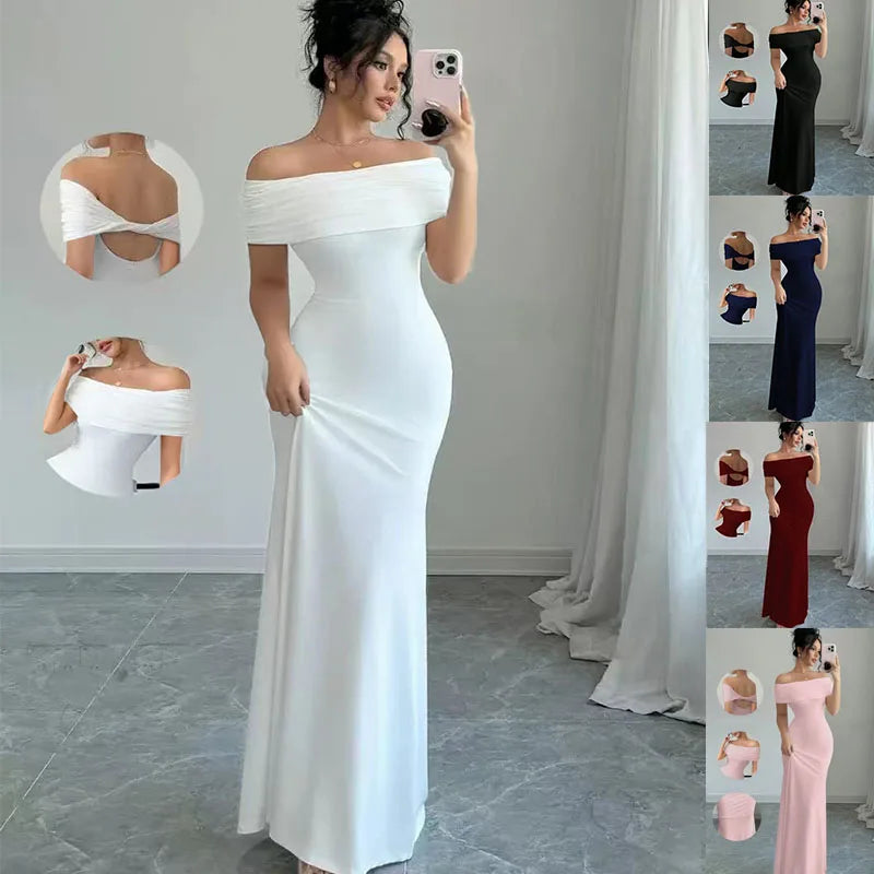 Off-the-Shoulder Solid Color Sleeveless Bodycon Bandage Maxi Fishtail Dress