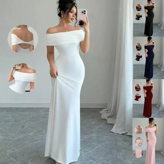 Off-the-Shoulder Solid Color Sleeveless Bodycon Bandage Maxi Fishtail Dress