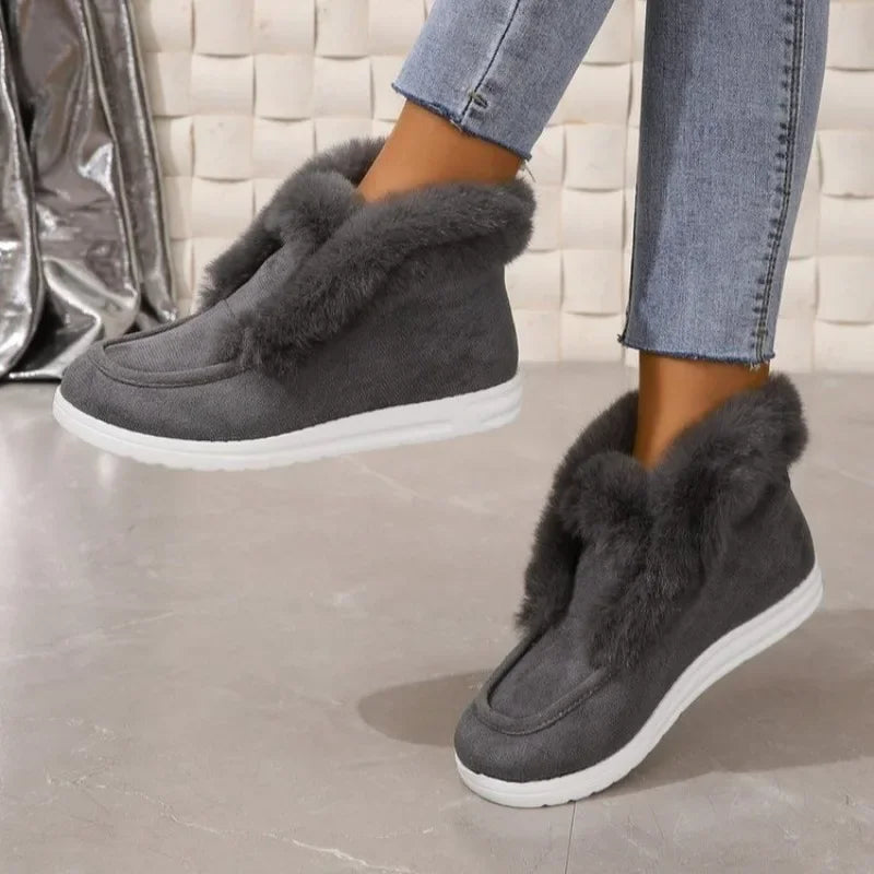 Canvas Plush Cotton Lined Slip-On Flat Women's Ankle Snow Boots