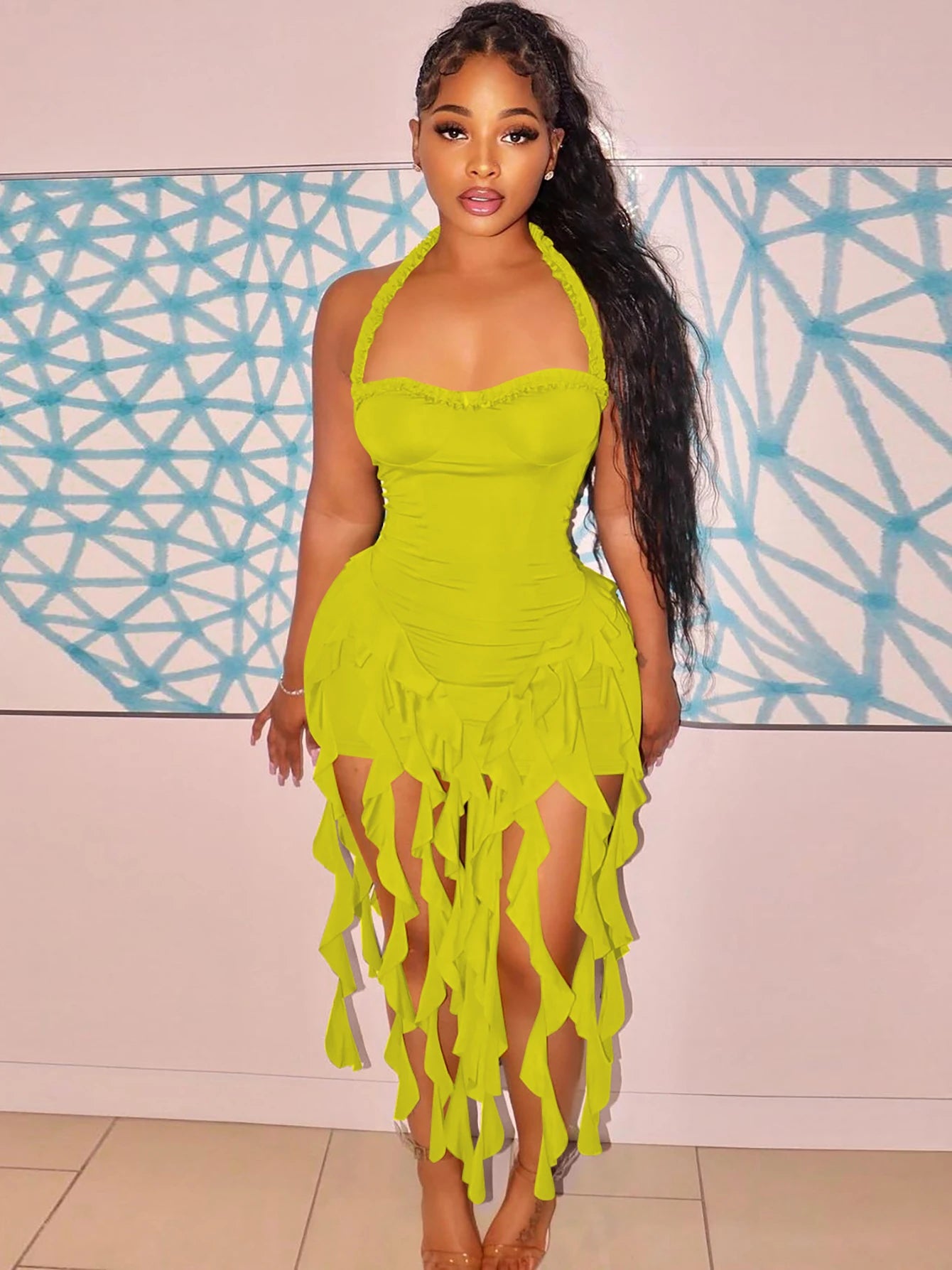 Sleeveless Hanging Tassel Fringe Design Solid Color Tube Dress