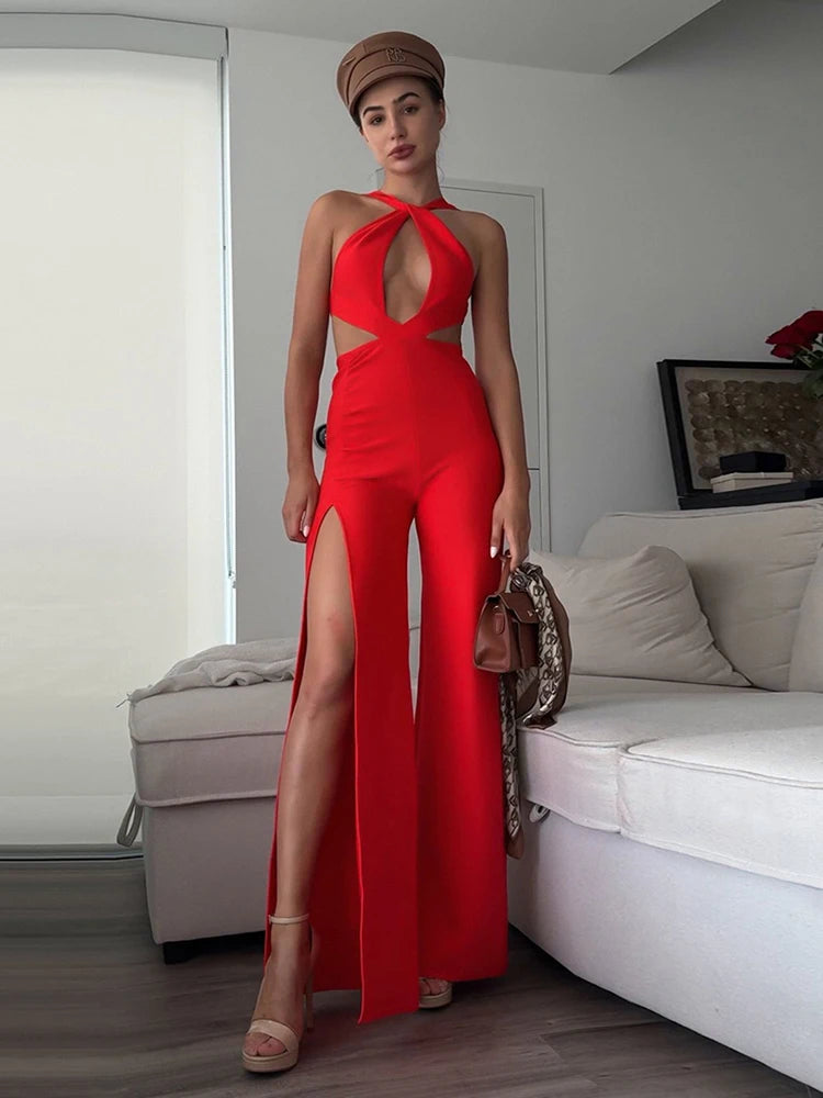 Red Designer Sleeveless Hollow-Out Bandage Backless Spilt Wide Leg Jumpsuit