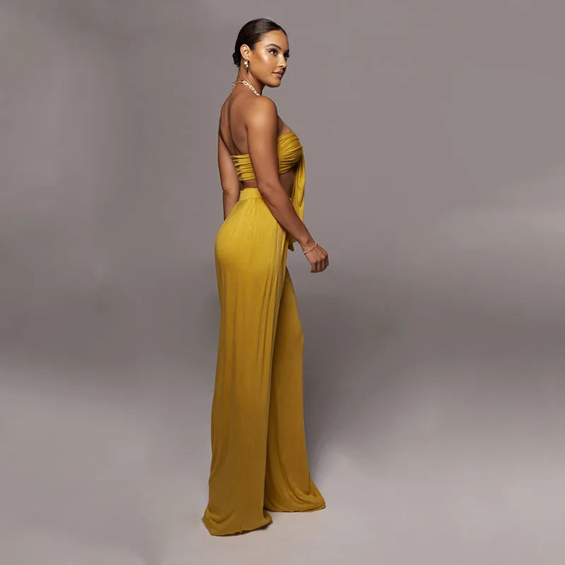 Sleeveless Bowknot Design Tube Top+ Wide Leg Pants Women's Solid Color 2-Piece Set