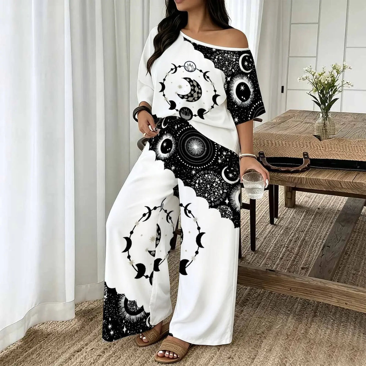 Printed Round Neck Short Sleeve Womens Top + Wide Leg Pants 2-Piece Set to 8X Plus Size