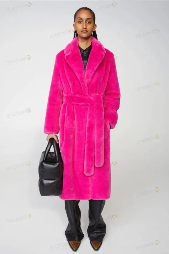 Plush Faux Fur Turn-Down Collar Solid Color Women's Loose Trenchcoat w/ Sash Belt to 5X Plus Size