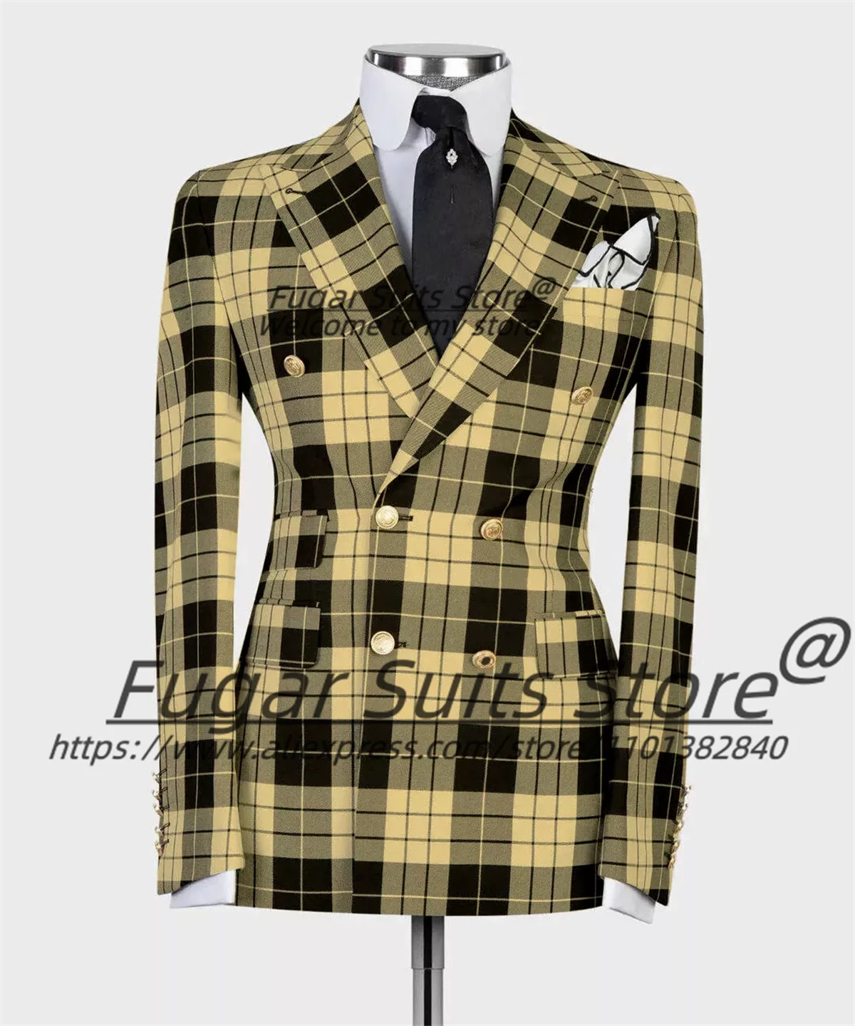 Men's British Plaid Gold Button Detail Double Breasted Tuxedo Blazer Jacket + Pants Formal Prom/Party/Wedding Suit