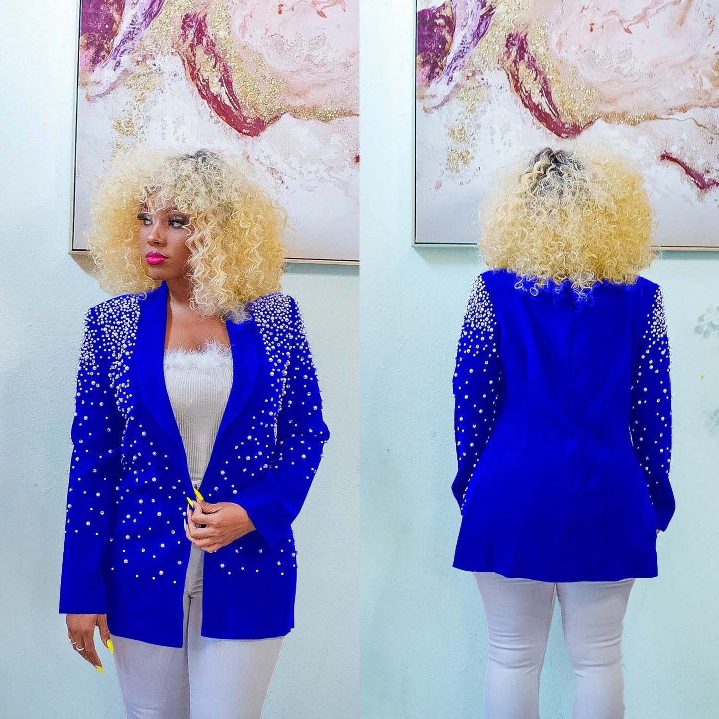 Rhinestone Solid Pearl Beaded Ladies Blazer