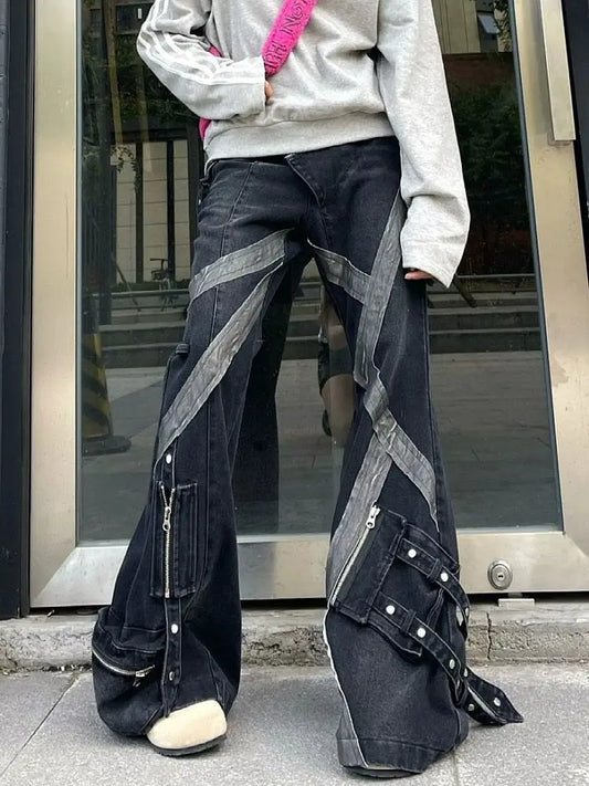 Colorblock Patchwork Zipper Design Multi-Pocket Women's Streetwear Retro Flared Bootcut Cargo Jeans