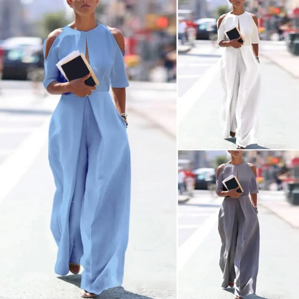 Open Slit Cold Shoulder Layered 1/2 Sleeve Hollow-Out Solid Color Women's Wide Leg Formal Party Jumpsuit