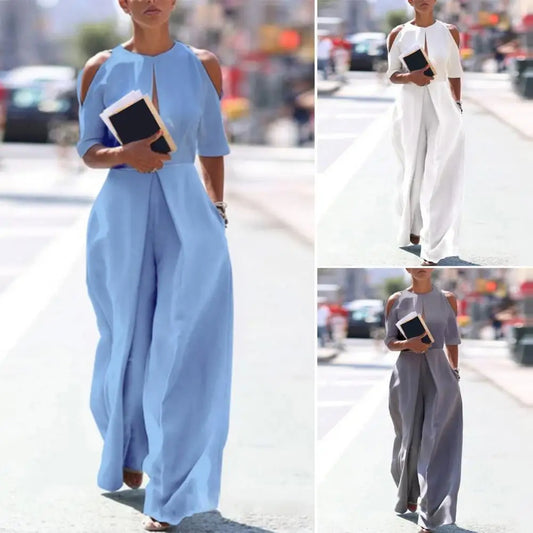 Open Slit Cold Shoulder Layered 1/2 Sleeve Hollow-Out Solid Color Women's Wide Leg Formal Party Jumpsuit