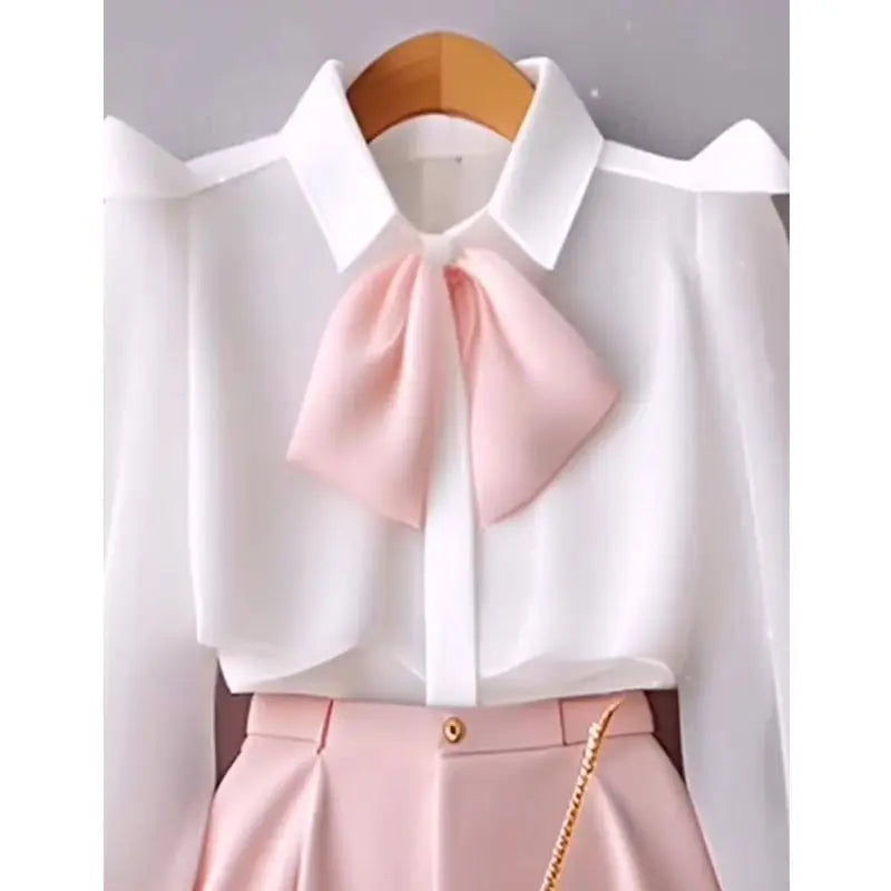 White Long Sleeve Blouse w/ Pink Bowtie & Solid Color Shorts 2-Piece Set