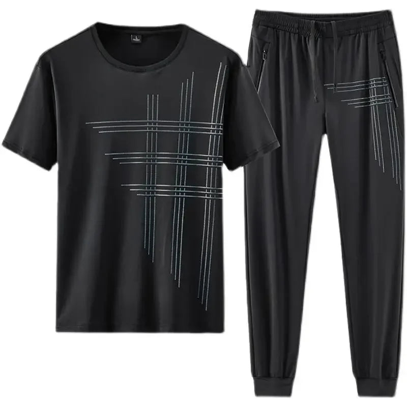 Solid Geometric Pattern Short Sleeve T-Shirt + Elastic Waist Pants Sets