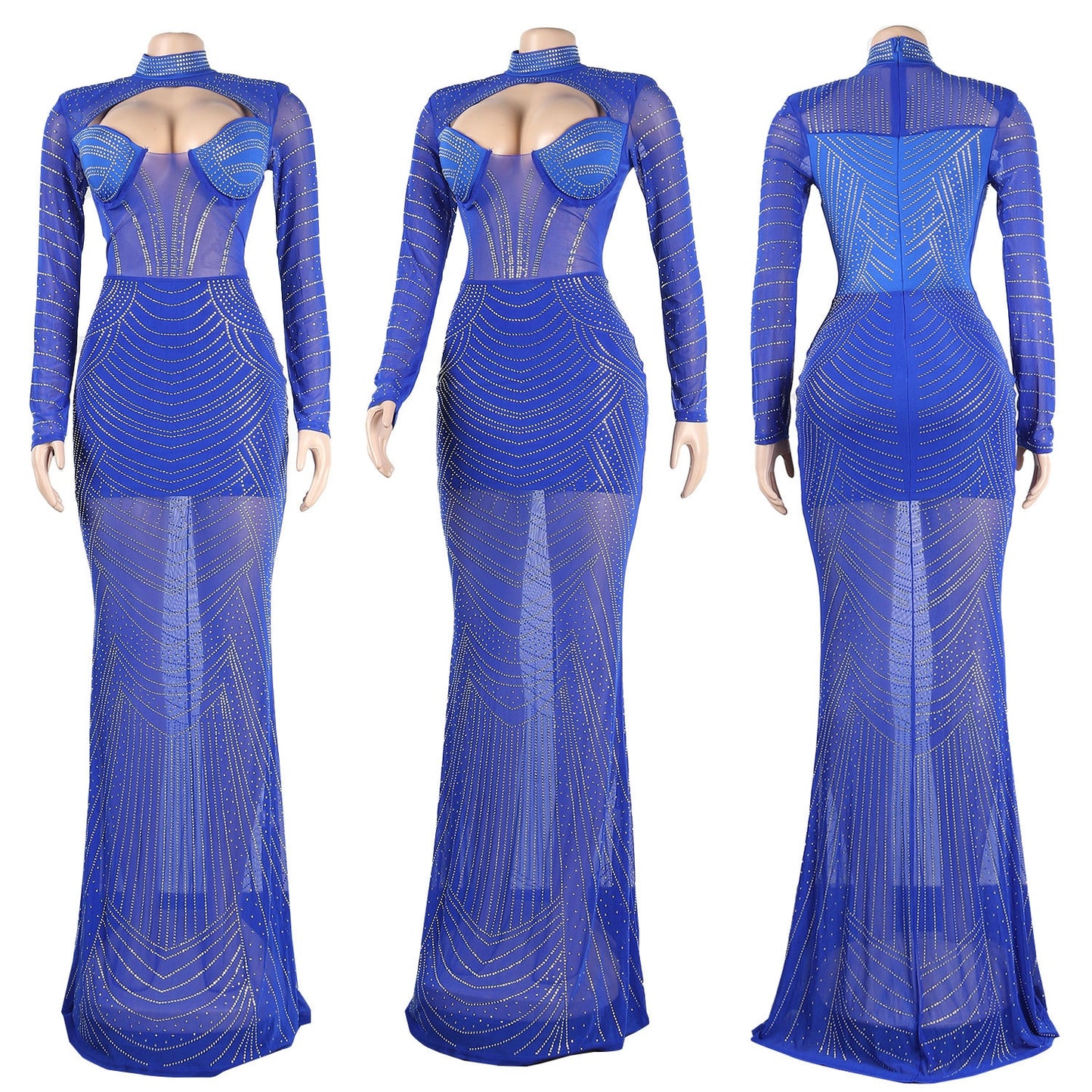 Rhinestone Mesh Cut-Out Long Sleeve Turtleneck Floor-Length Evening Gown Dress