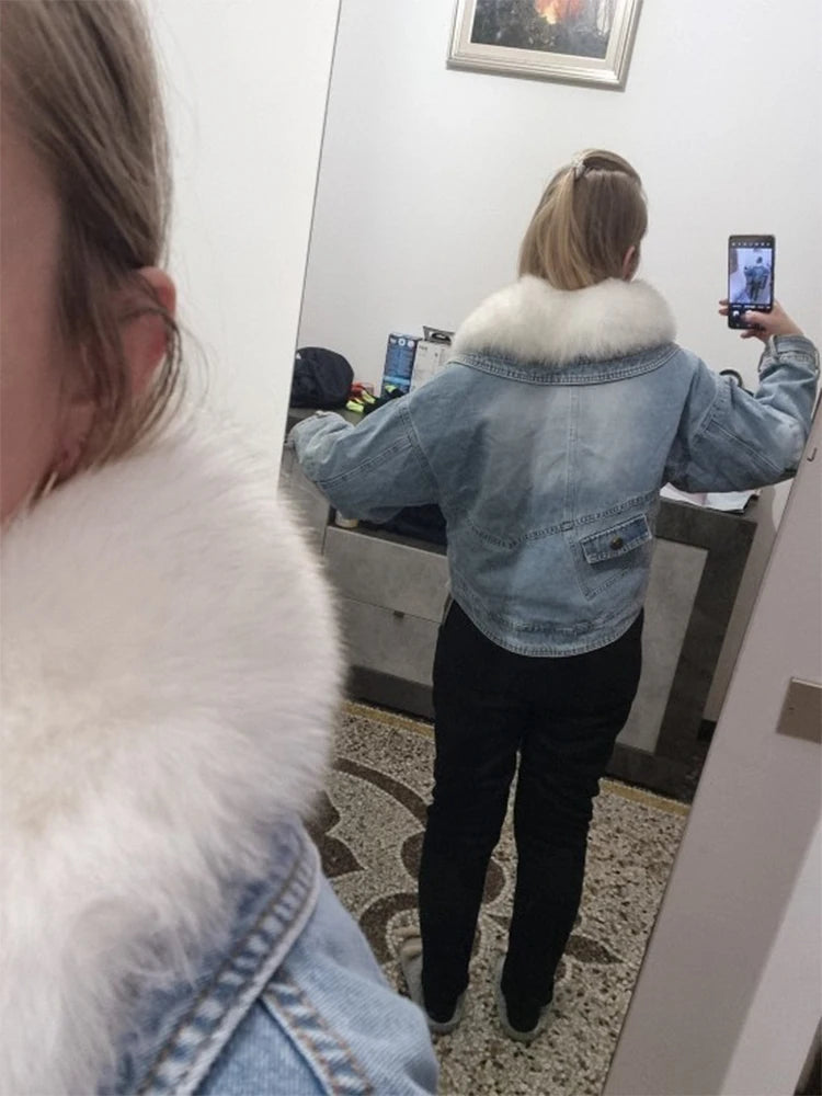 Denim Oversized 100% Real Fox Fur Collar Short Women's Goose Down Puffer Jean Jacket