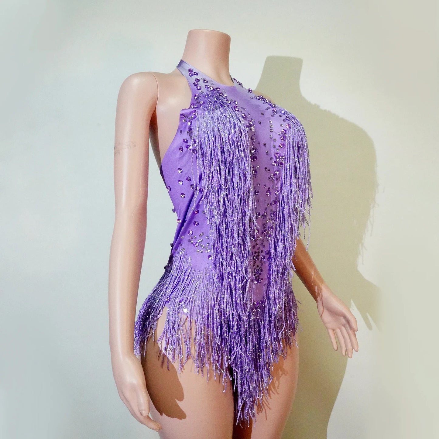 Tassel Fringe Design Sleeveless Zipper Back Sparkling Rhinestone Women's Formal Stage Dance Bodysuit