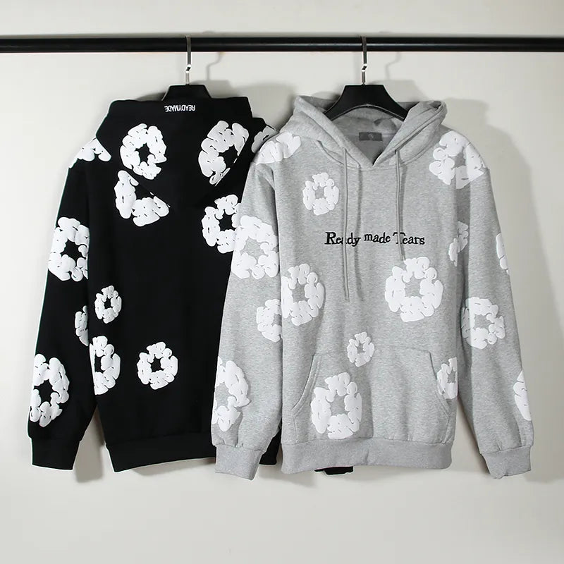 Retro Flower Print Embroidered Pullover Streetwear Oversized Fleece Hoodie Sweatshirt