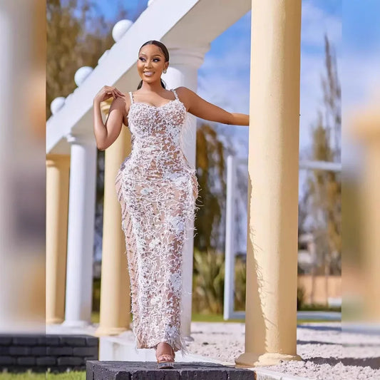 White Mesh Pearl Feather Design Hollow-Out V-Neck Sleeveless Maxi Formal Party Dress