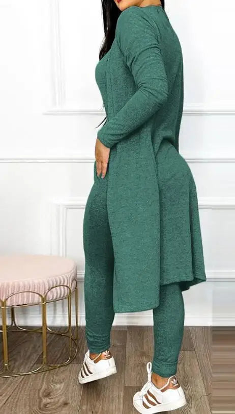 Solid Maxi Cardigan Sweater + Drawstring Pocket Design U-Neck Sleeveless Skinny Jumpsuit 2-Piece Set