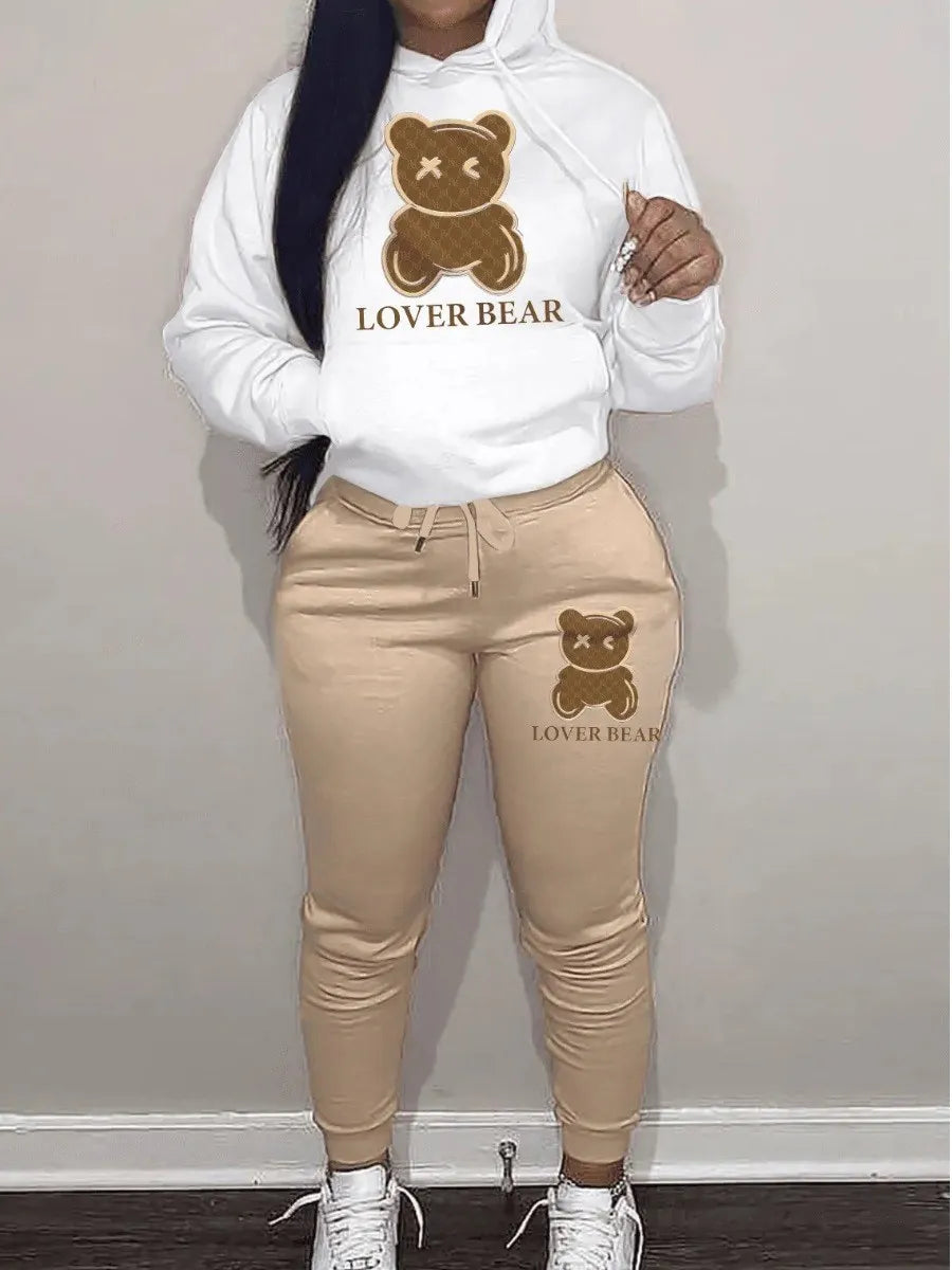 "Lover Bear" Print Kangaroo Pocket Long Sleeve Hoodie + Drawstring Sweatpants Two-Piece Tracksuit