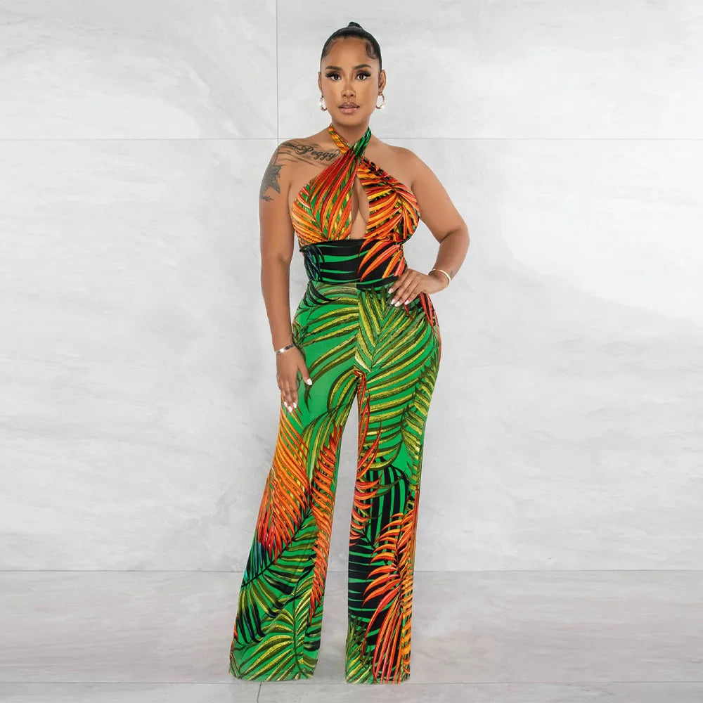 Tropical Print Hollow-Out Halter Strap Backless Sleeveless Jumpsuit