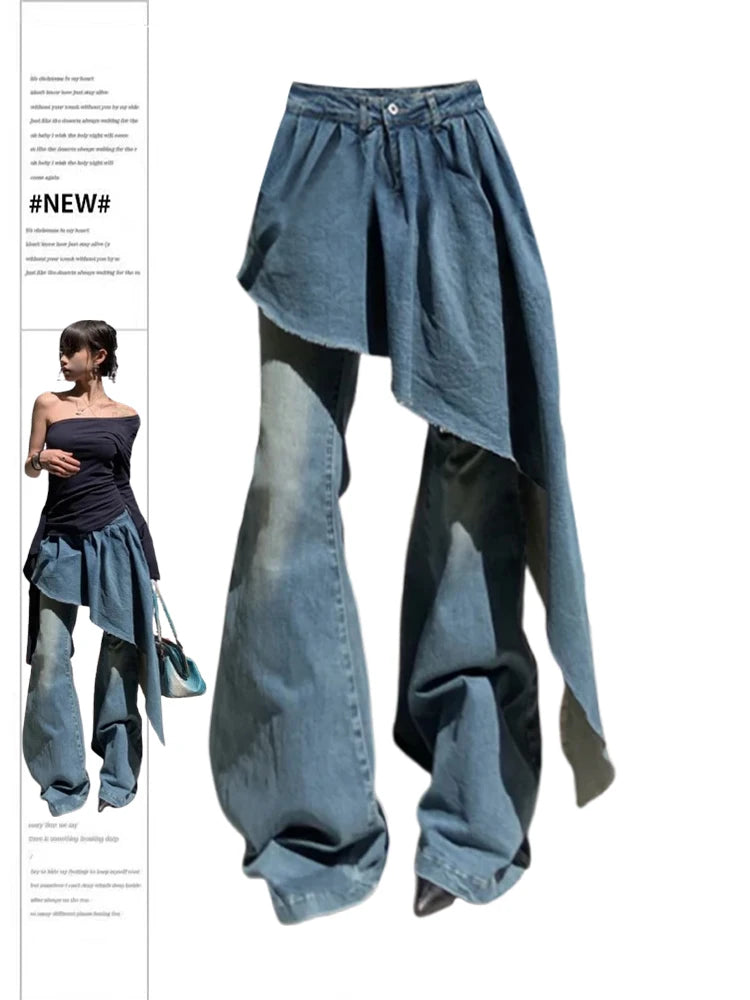 Blue Denim Washed Irregular Ruffled Overlap Wrap Design Women's Baggy Jeans