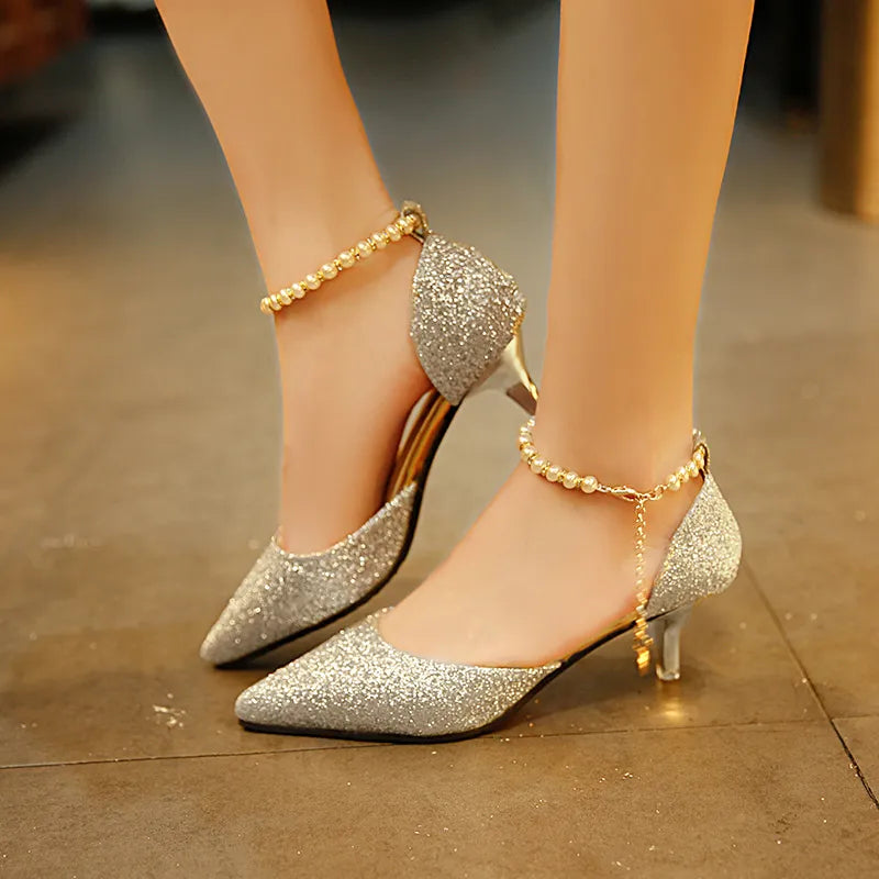 Metallic Glitter Pearl Chain Ankle Strap Pointed Toe Low Heel Bridal Wedding Pumps