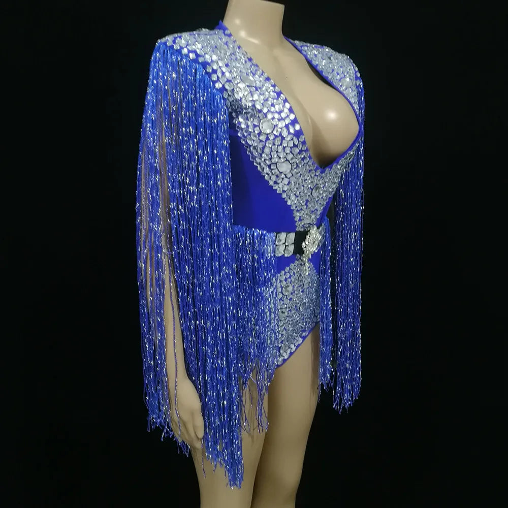 Blue Fringe Tassels Rhinestone Belted Women's Performance Bodysuit Costume