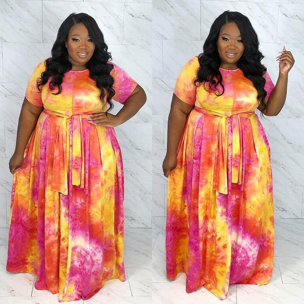 Tie-Dye/Plaid/Colorblock/Geometric/Floral/Polka Dot O-Neck Ladies Crop Top + Maxi Skirt 2-Piece Set to 5X Plus Size