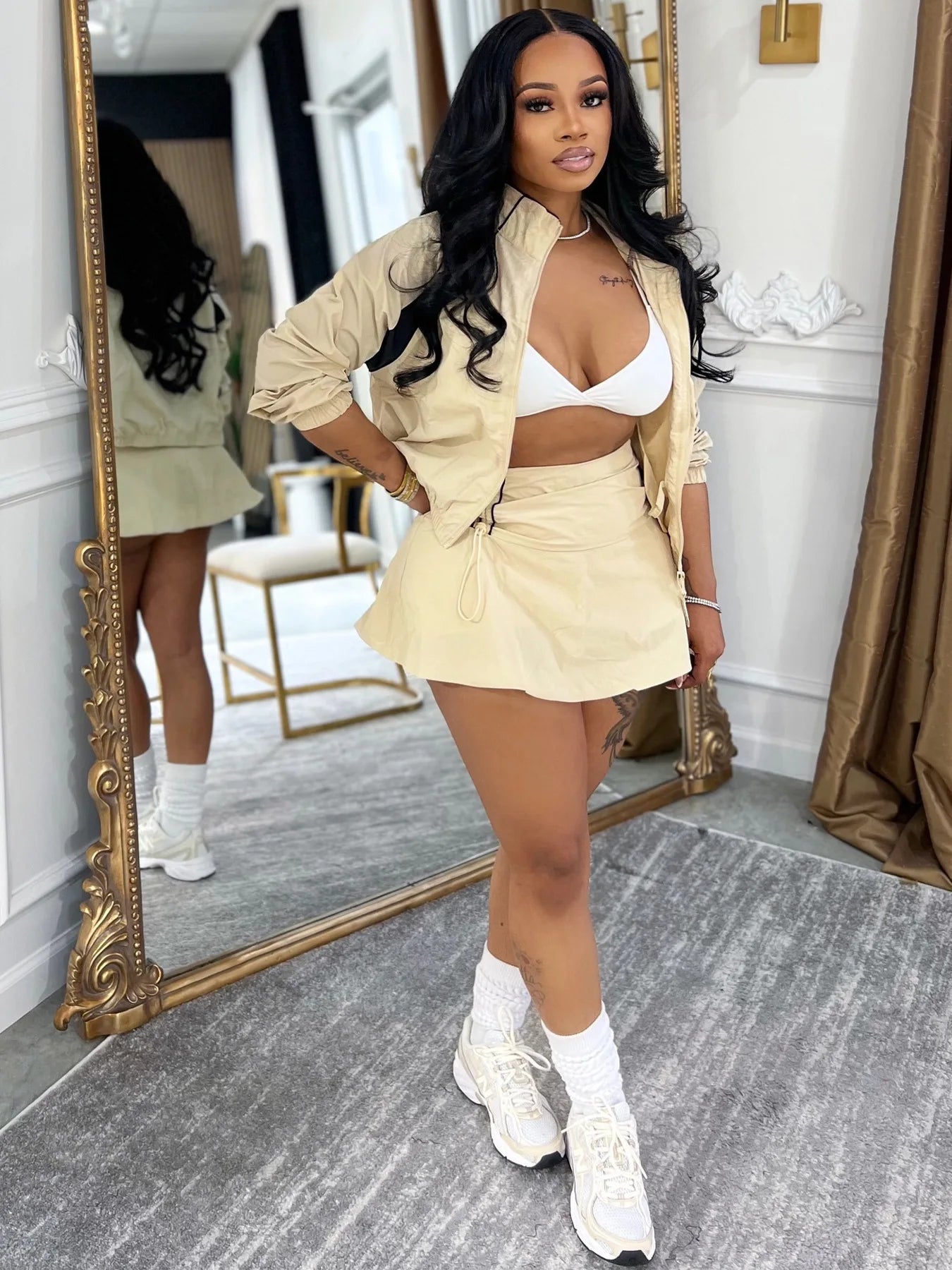 Striped Stand Collar Women's Zipper Fitness Jacket+ Drawstring Ruched Mini Tennis Skirt Solid Color 2-Piece Set