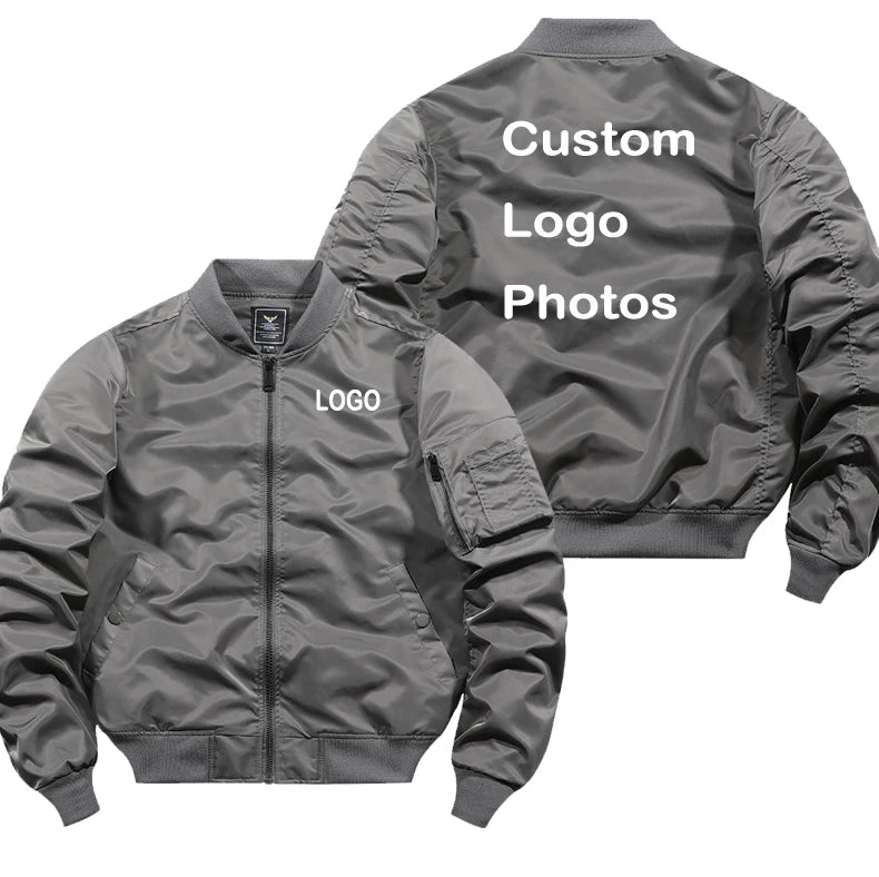 Men's Cargo Pocketed Customized Name/Logo Design Printed Zipper Bomber Jacket