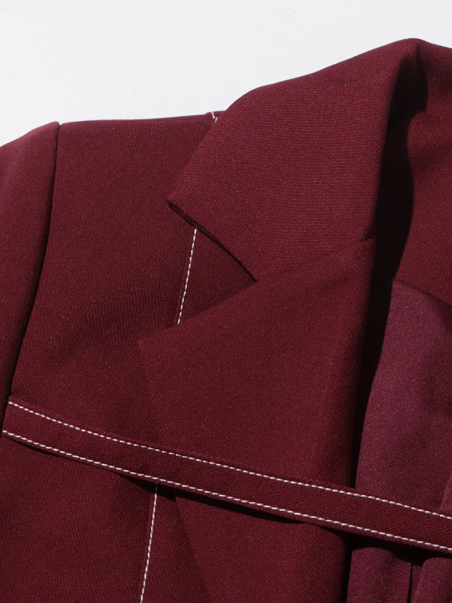 Burgundy Irregular Notched Collar Double Strap Design Blazer Jacket + High Waist Straight Pants Women's Formal Suit