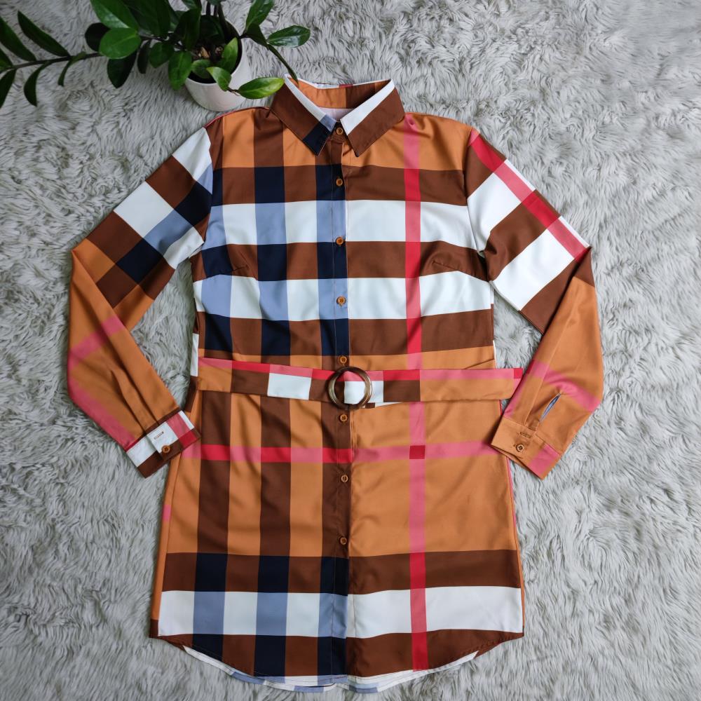 Plaid English Print Blouse Dress w/ Belt