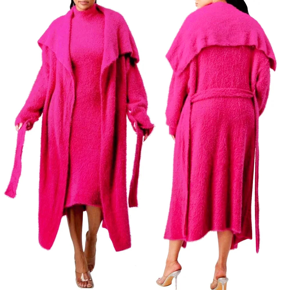 Solid Fleece Plus Size Bodycon Sleeveless Dress w/ Maxi Cardigan Sweater 2-Piece Set to 4X Plus Size