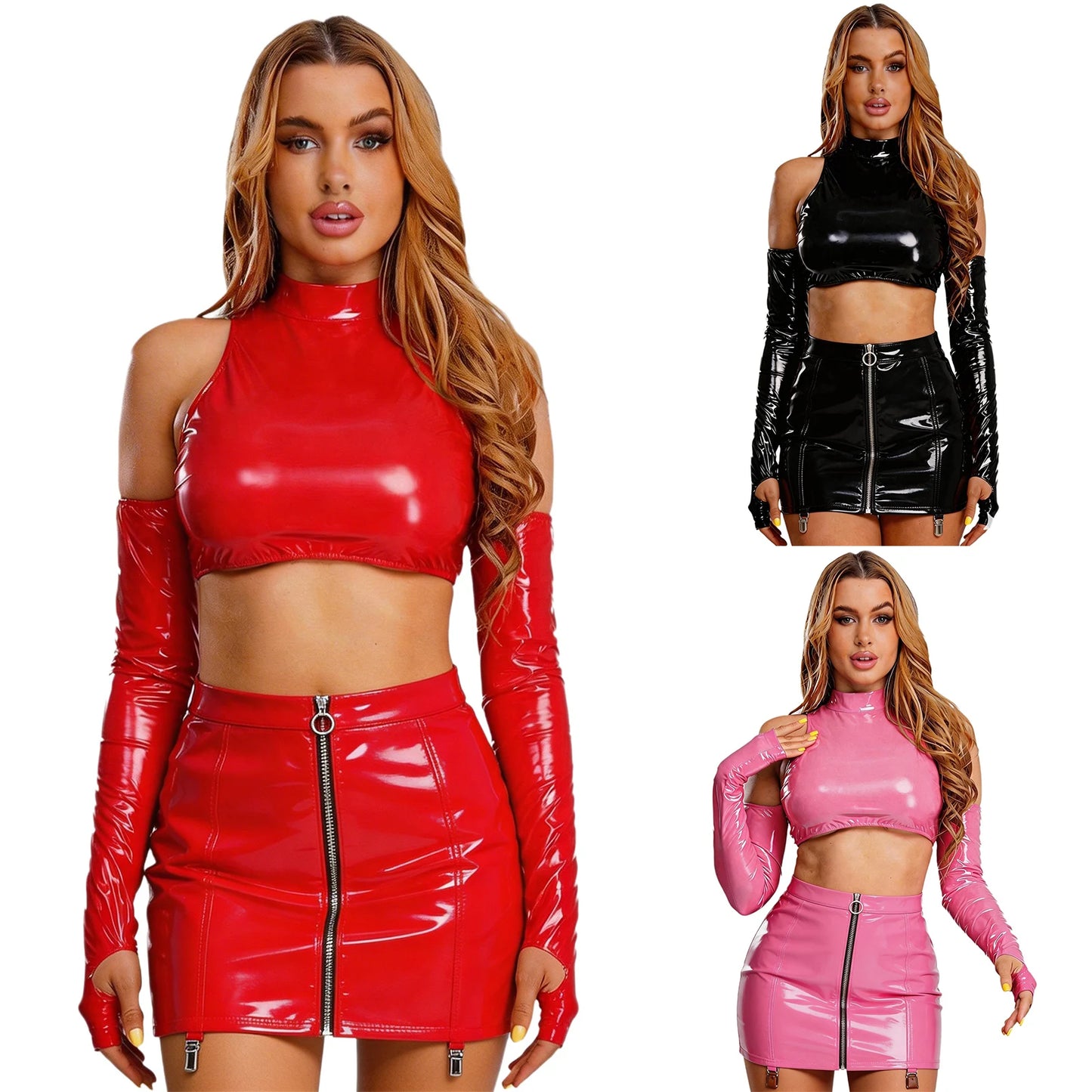 PU Leather Bare Shoulder Long Sleeve Cut-Out Crop Top + Zipper Front Transparent Floral Lace Back Design Bodycon Mini Skirt Women's 2-Piece Set to 3X Plus Size