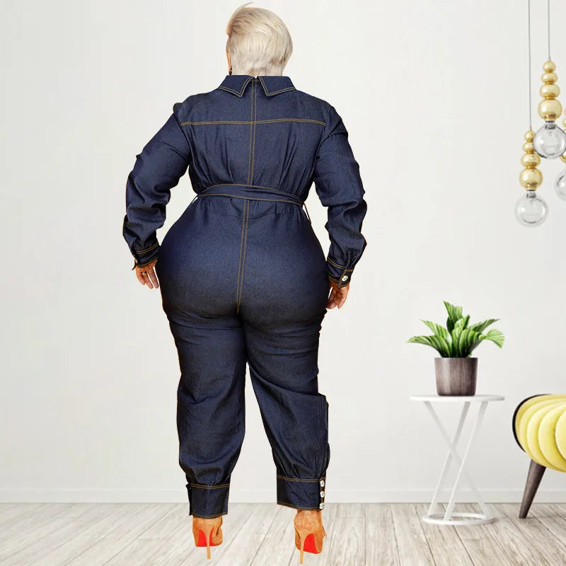 Denim Turn-Down Collar Sash Belted Button Front Long Sleeve Women's Overall Jumpsuit to 5X Plus Size