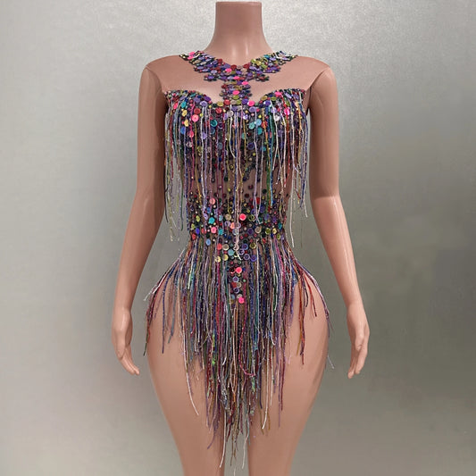 Tassels Sequin Sexy Sleeveless Sheath Dancer Performance Costume Bodysuit