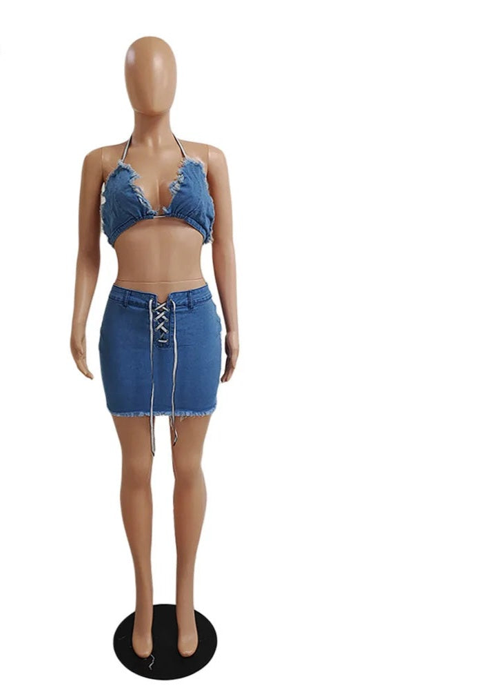 Denim Lace-Up Bra + Jean Bodycon Mini Skirt 2 Piece Set